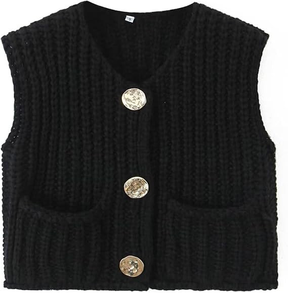 Chunky Sweater Vest Women Button Up, Knit Sweater Vest Tops Big Gold Buttons, Crochet Sleeveless ... | Amazon (UK)