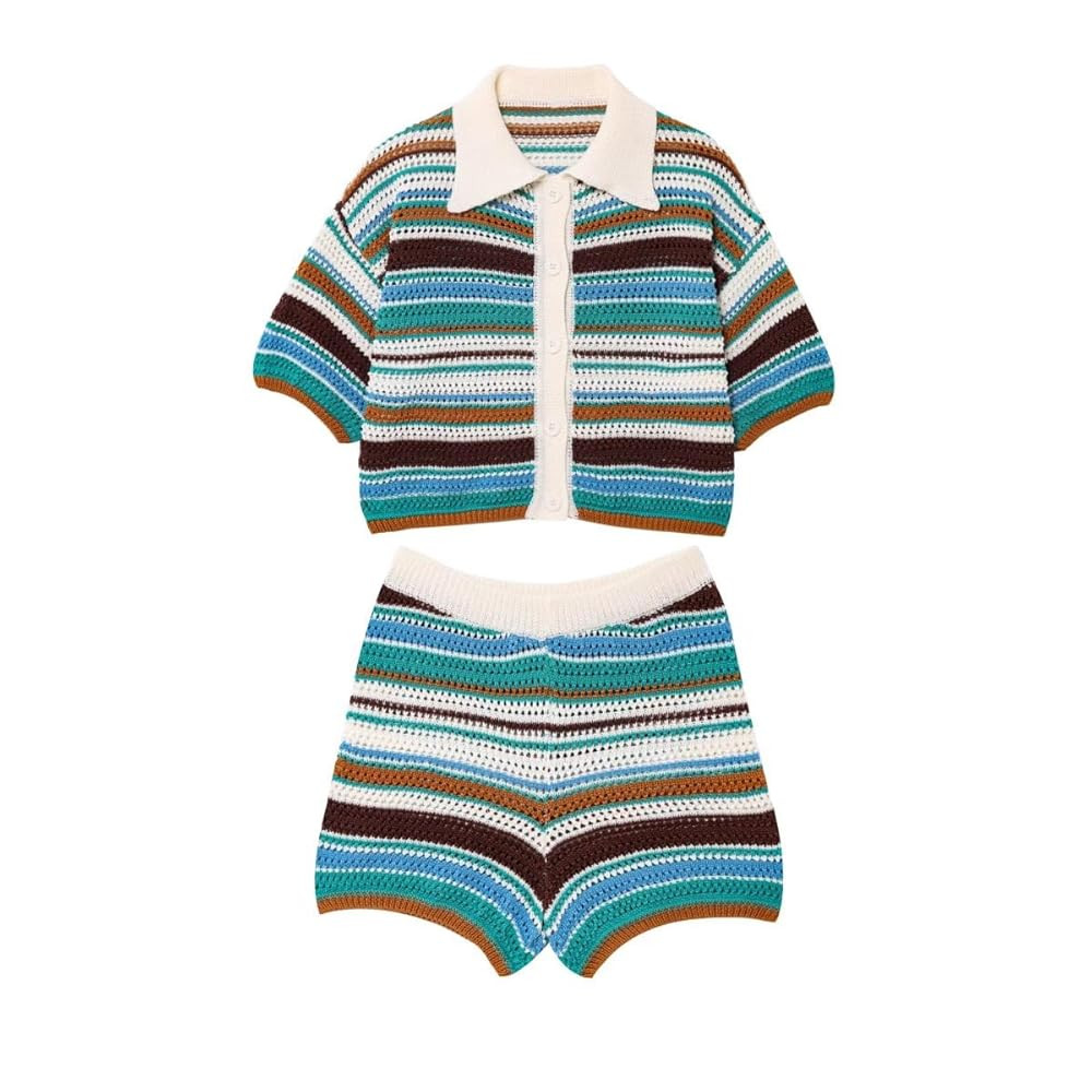 Womens Cropped Short Sleeve Polo Sweater Striped Button Up Collar Knit Tops Crochet T Shirt | Amazon (US)