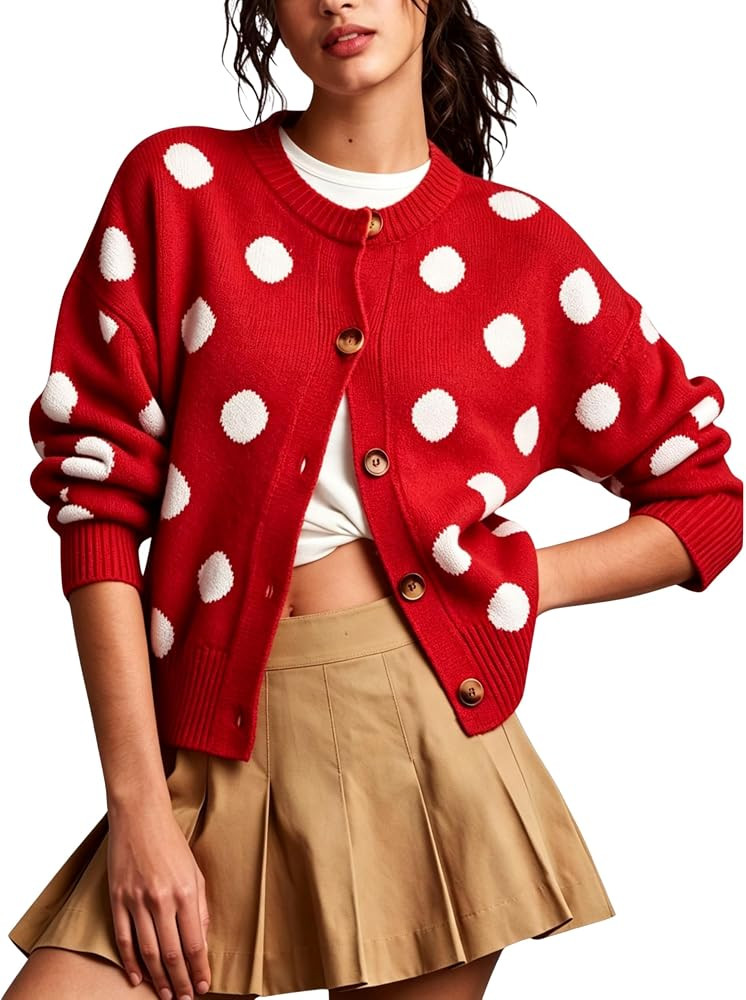 MINSURE Women Polka Dot Knit Cardigan Crewneck Button Down Sweater Jacket | Amazon (US)