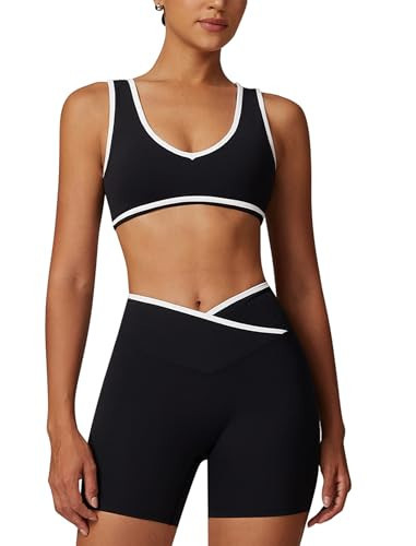 ABOCIW Workout Sets for Women Color Block Sports Bra Crossover Waist Shorts Gym Sets Woman Yoga Pilates Outfits Athletic Work Out Clothes Black X-Large | Amazon (US)
