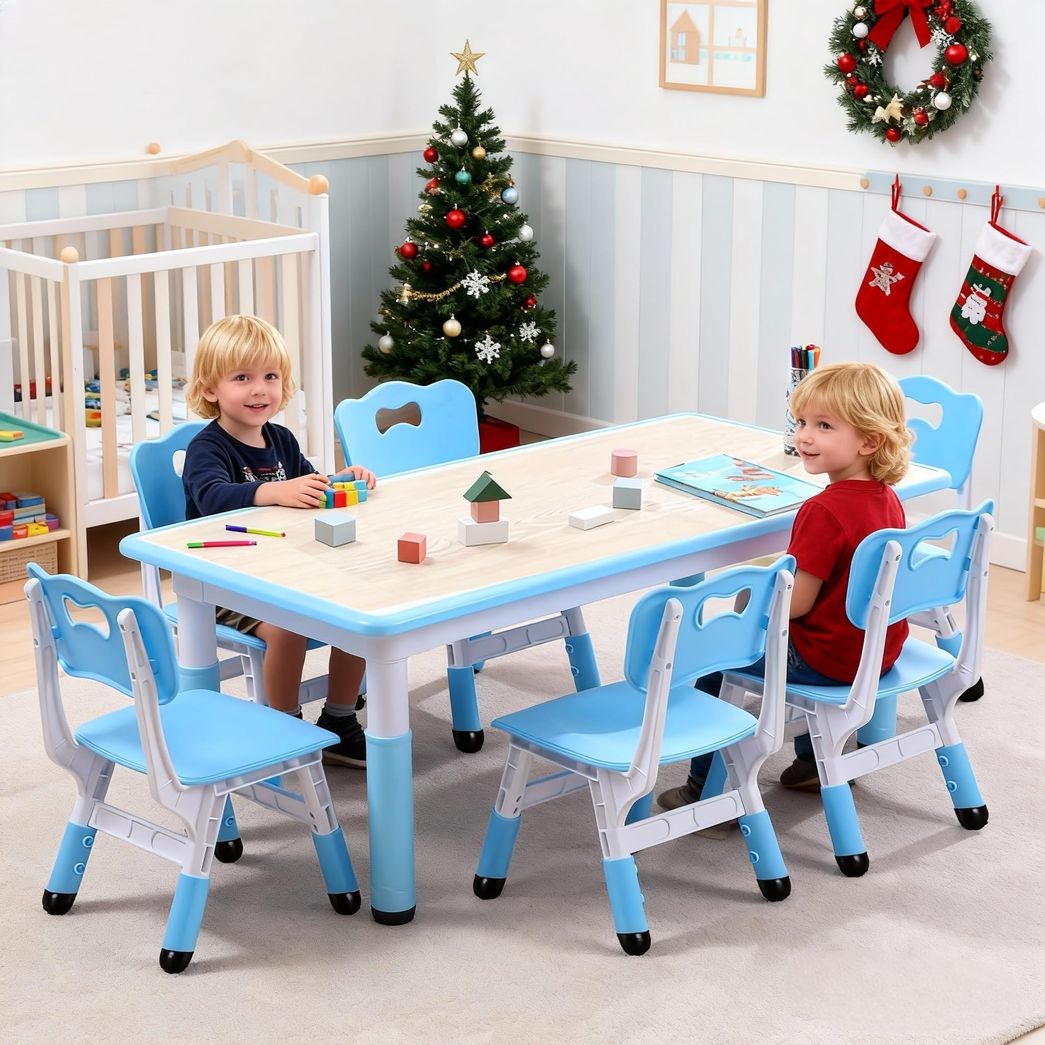 Garvee Kids Table and 6 Chair Set,47 in Modern Height Adjustable Toddler Table and 6 Chairs Set w... | Amazon (US)