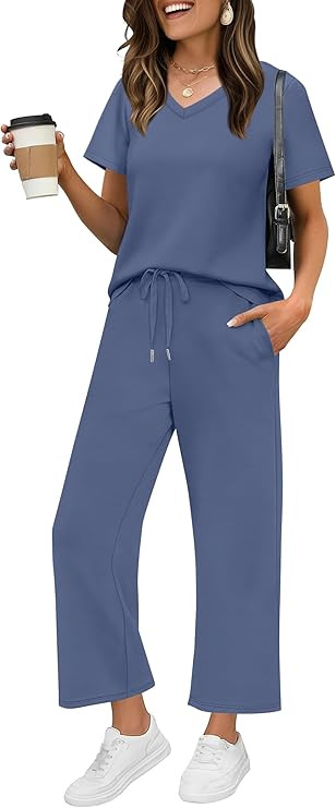 WIHOLL 2 Piece Sets for Women Summer Lounge Set Wide Leg Pants Matching Set Vacation Travel Outfi... | Amazon (US)