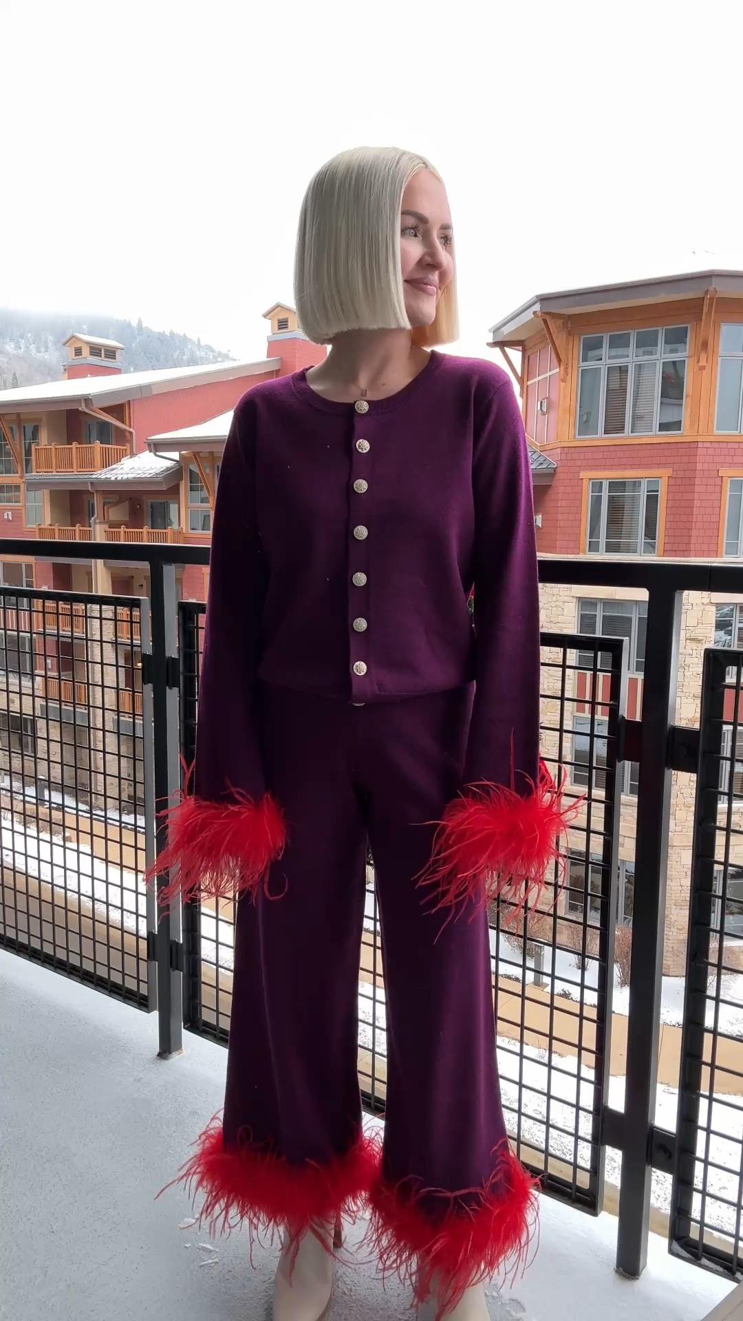 Feather cuff cardigan (size small, wish I got XS) / feather trim pants (size XS) / feather trim sweater 

#LTKHoliday #LTKTravel #LTKPetite