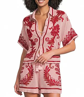 Farm Rio Arabesc Light Pink Embroidered Button Front Blouse Swim Cover-Up - L | Dillard's