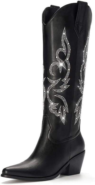 Platikly White Cowboy Boots for Women - Wide Calf Rhinestone Cowgirl Boots, Women Knee High Weste... | Amazon (US)