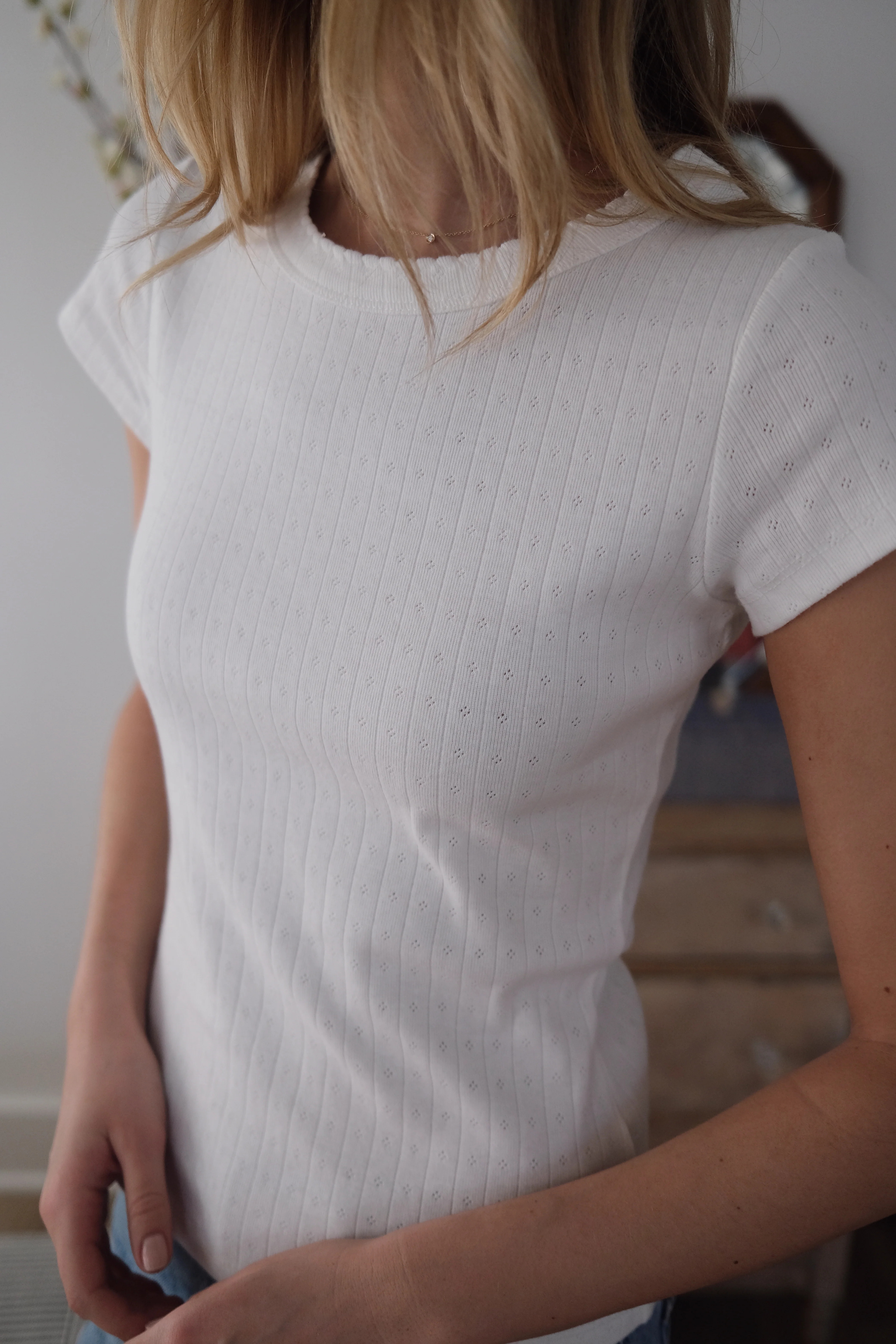 Pointelle Crewneck Tee - White | Marea