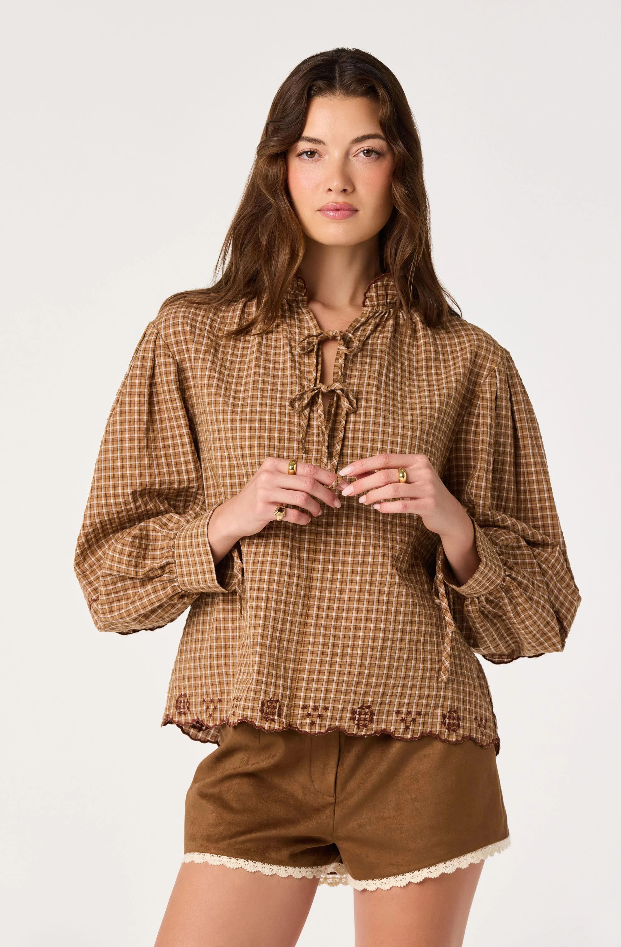 ASTR the Label | Taliyah Plaid Ruffle Collar Blouse in Caramel plaid |  Size XS | ASTR The Label (US)