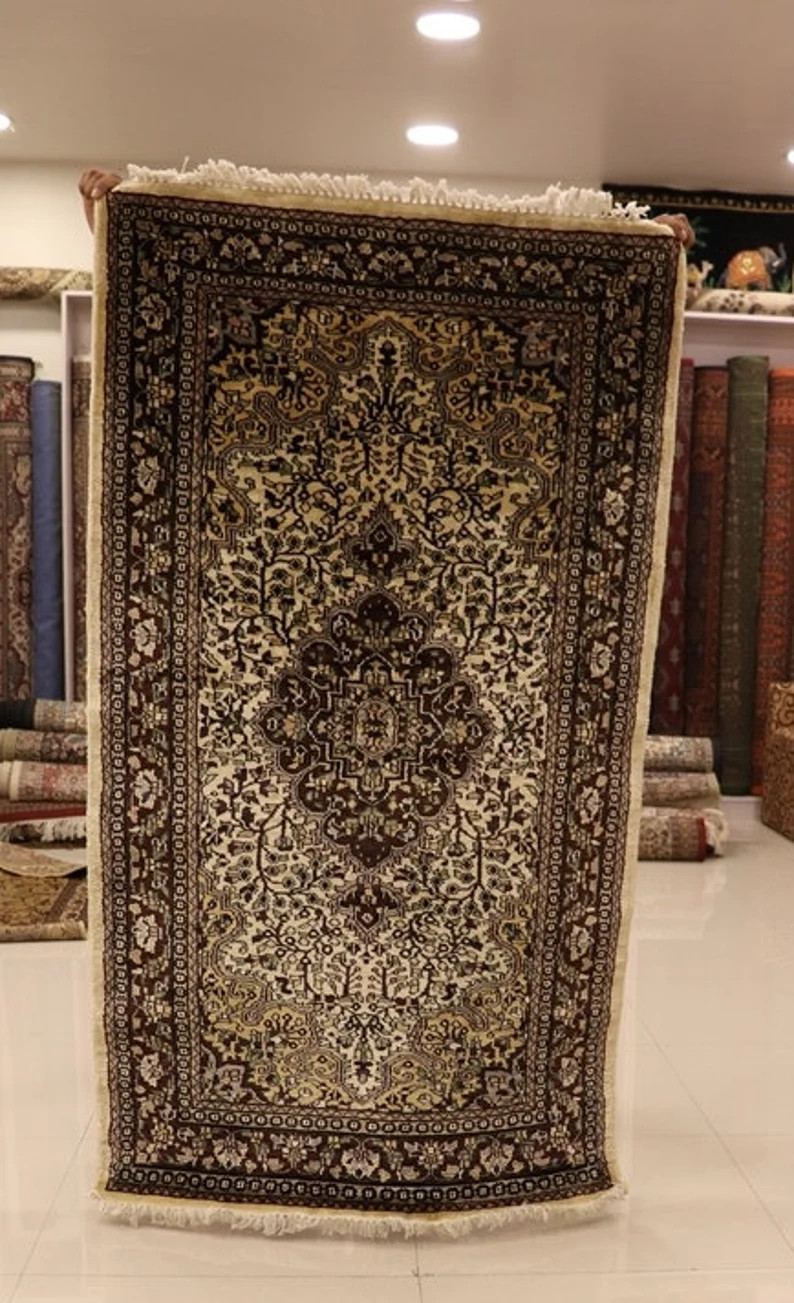 Indian Handmade Art Silk Cotton Traditional Design Carpet Handknotted Hand woven Area Rug Size 3 ... | Etsy (US)