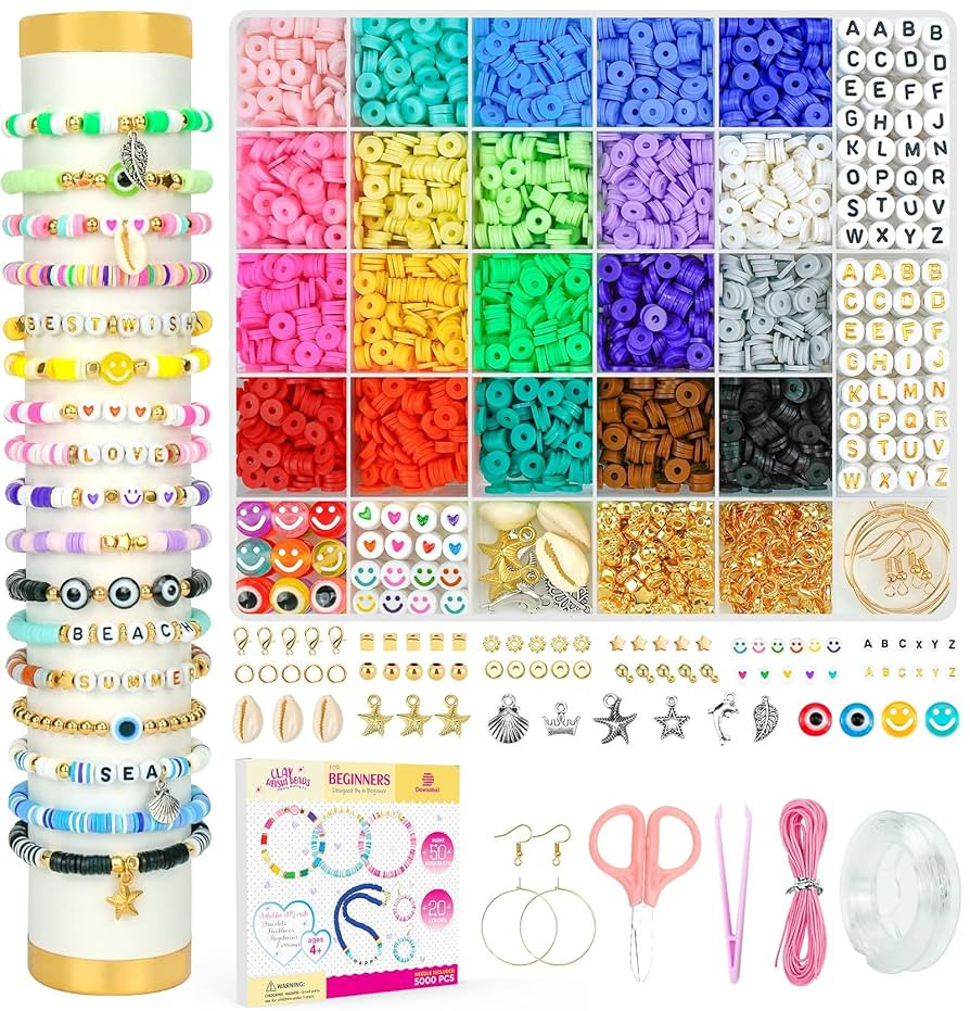 Dowsabel Clay Beads Bracelet Making Kit for Beginner, 5000 Pcs Preppy Polymer Clay Beads with Cha... | Amazon (US)