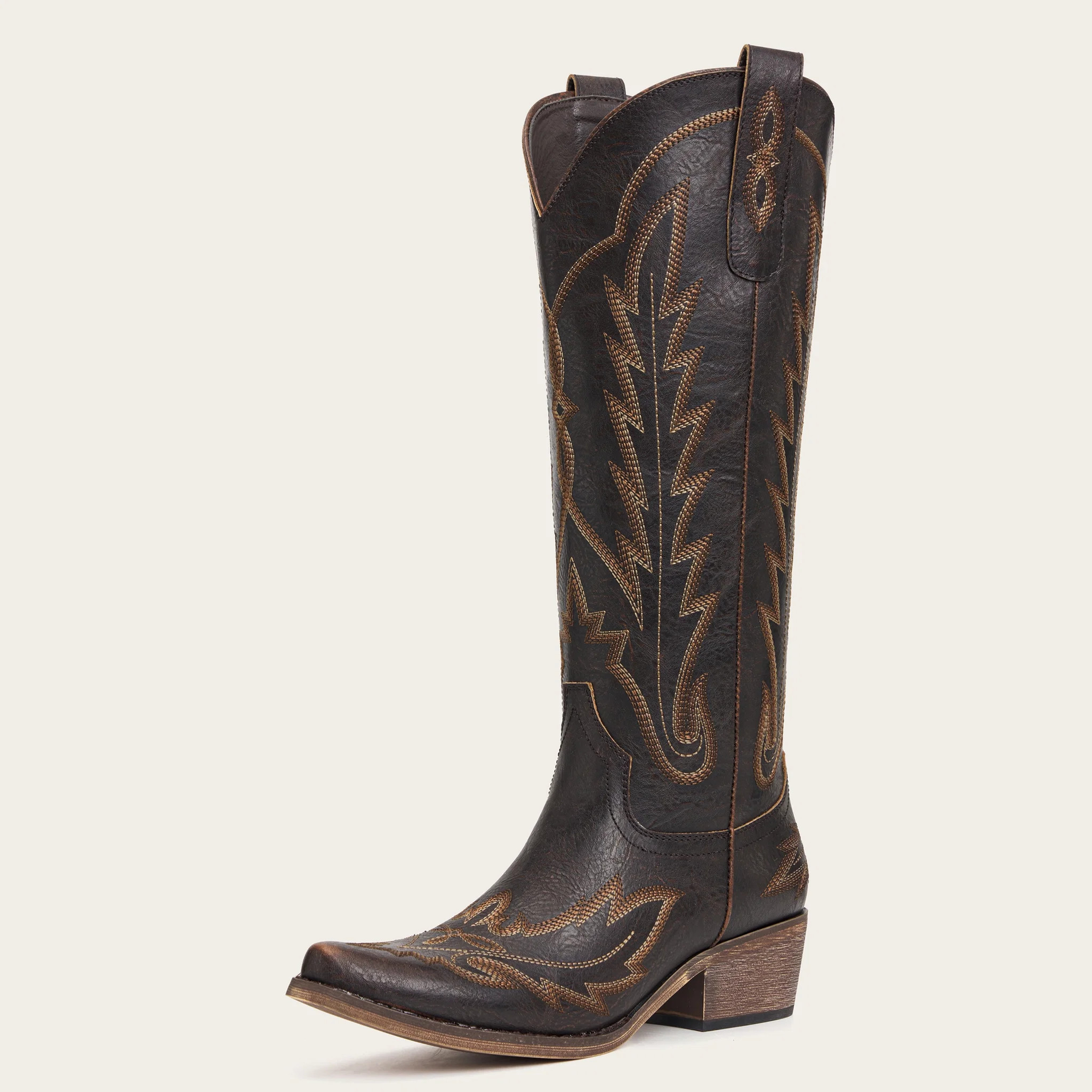The Rosemary - Dark Brown Embroidered Tall Western Cowgirl Boots with Side Zipper | REDTOP