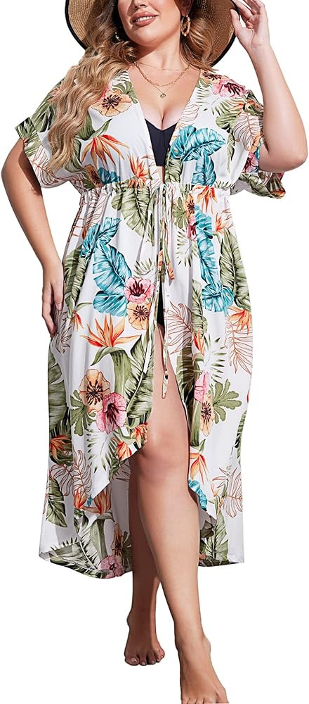 IN'VOLAND Women Plus Size Long Cover up Stripe Bikini Coverups Kimono Tie Front Bathing Suit Swim... | Amazon (US)