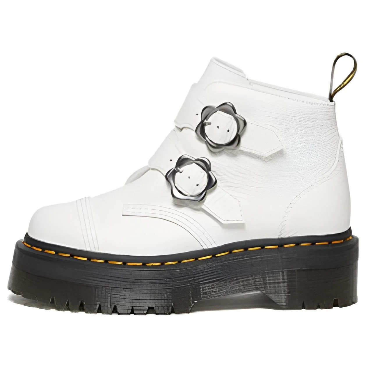 (WMNS) Dr.Martens Devon Flower Buckle Leather Platform Boots 'White Black' 27642100 | KICKS CREW