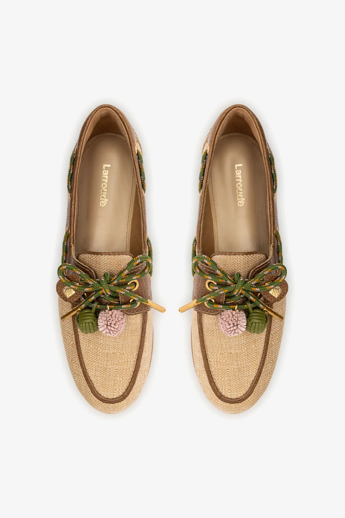 Cyprus Boat Shoe In Beige Raffia And Brown Leather | Larroude