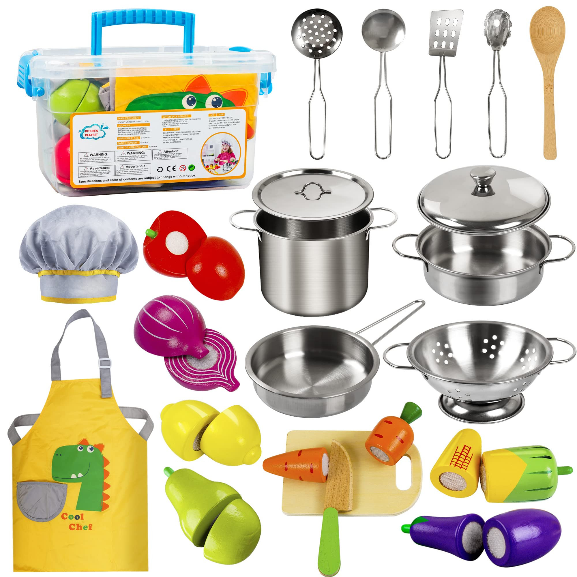 Sundaymot Play Kitchen Accessories, Wooden Play Food, Cooking Set with Stainless Steel Cookware P... | Amazon (US)