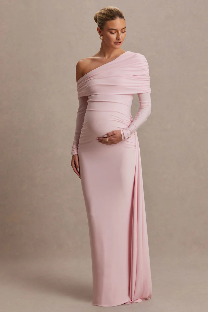 Amara  Blush Pink Asymmetric-Neck Maxi Dress With Sash Detail | Club L London