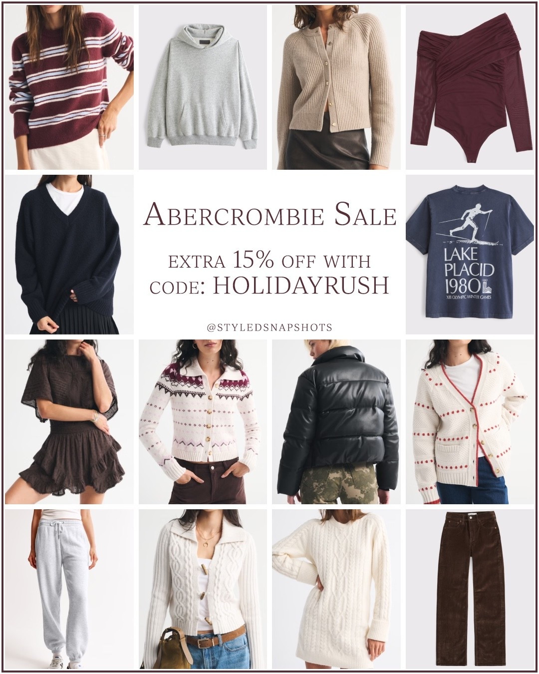 Extra 15% off Abercrombie with code HOLIDAYRUSH ends tonight 

#LTKGiftGuide #LTKSaleAlert