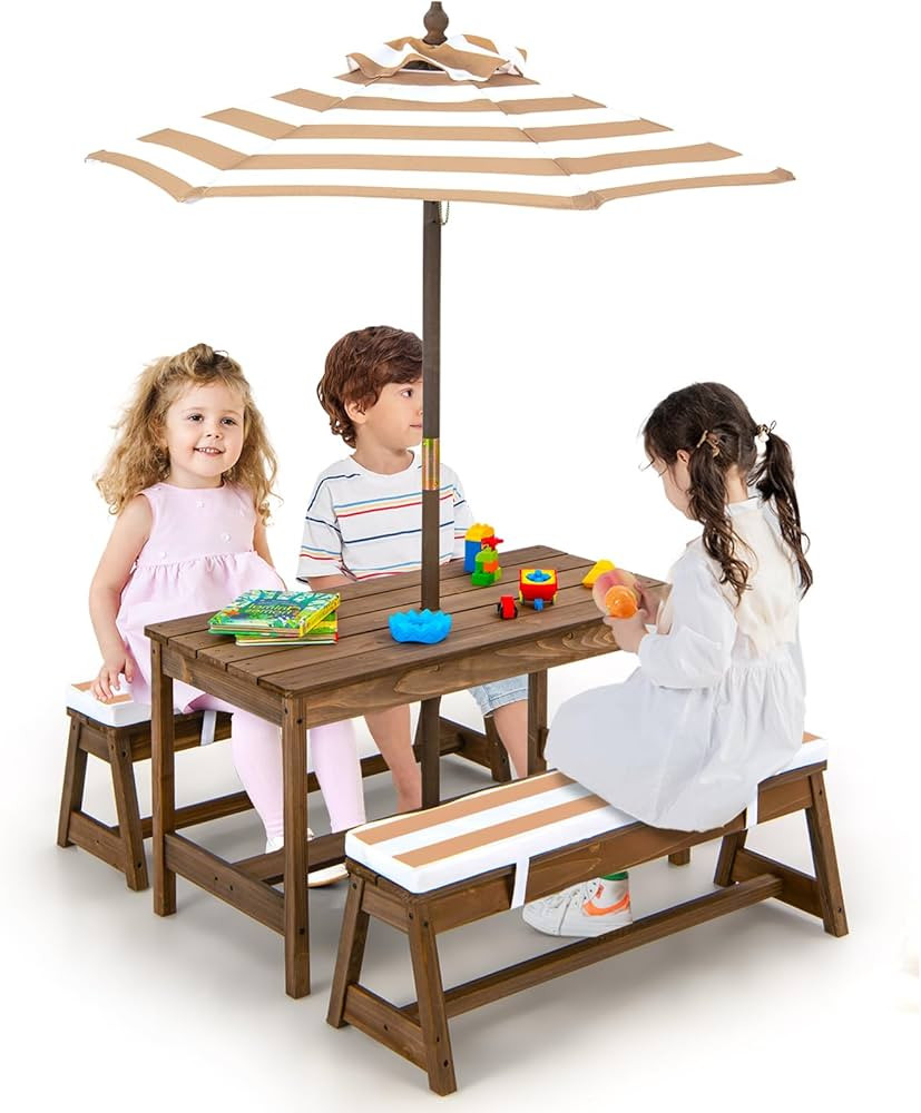 DORTALA Kids Picnic Table, Outdoor Toddler Table and Bench Set with Removable Umbrella & Cushions... | Amazon (CA)