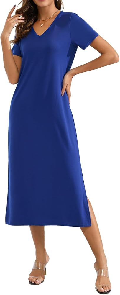 Naggoo Summer Dresses for Women 2026 Short Sleeve V-Neck Side Slit Long T Shirt Dress Beach Sundr... | Amazon (US)