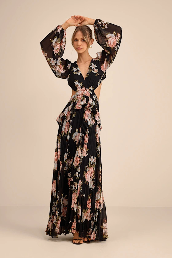 Chaelyn Black Floral Long Sleeve Cutout Maxi Dress | Lulus
