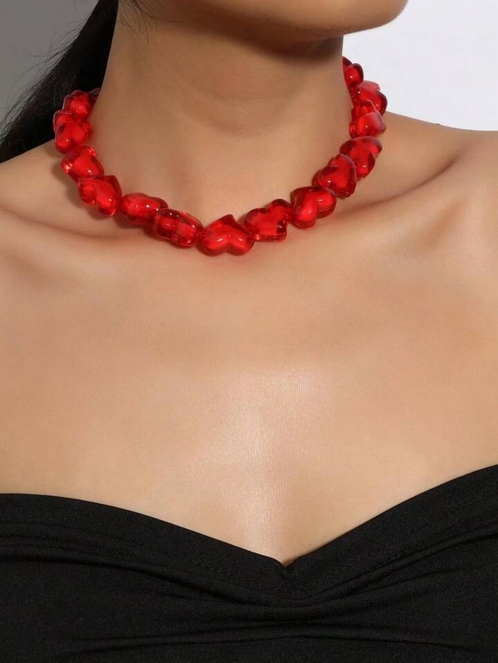 New Arrival Handmade Acrylic Love Heart Pendant Necklace For Women, Red | SHEIN
