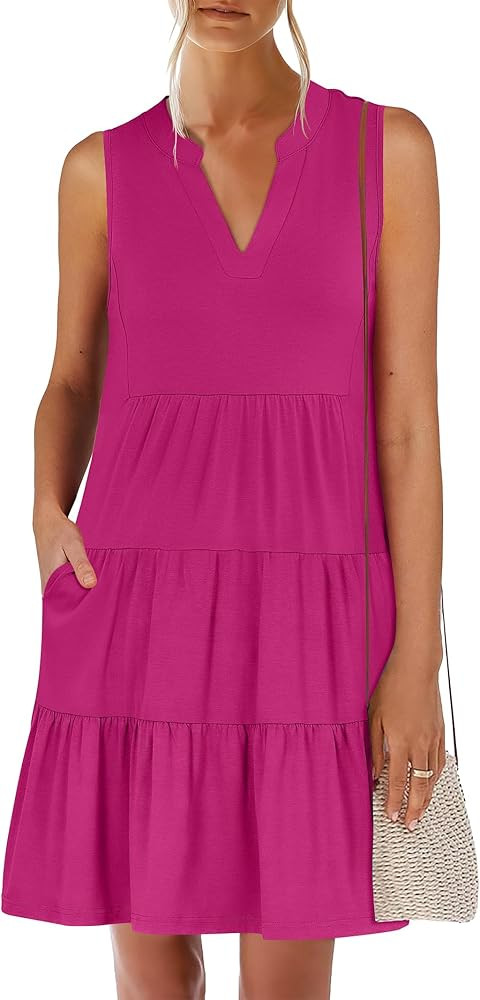 ANRABESS Womens Mini Dresses Sleeveless V Neck Tiered Swing Going Out Beach Vacation Sundress 202... | Amazon (US)
