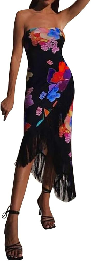Women's Fashion Sexy Wrap Bust One Shoulder Printed Fringe Slim Dress White Skirts Plus Size | Amazon (US)