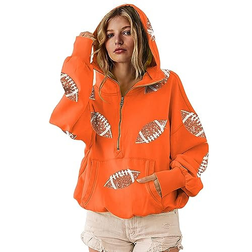 SeekMe Womens Game Day Sweatshirts Football Sequin Hoodies Tailgate Outfits Long Sleeve Zipper Sweaters with Pocket(1773-Orange-L-FY) | Amazon (US)