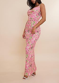 Jelly Brynn Cowl Neck Printed Plisse Maxi Dress Sleeveless Tank Dress Summer Beach Dresses | Amazon (US)