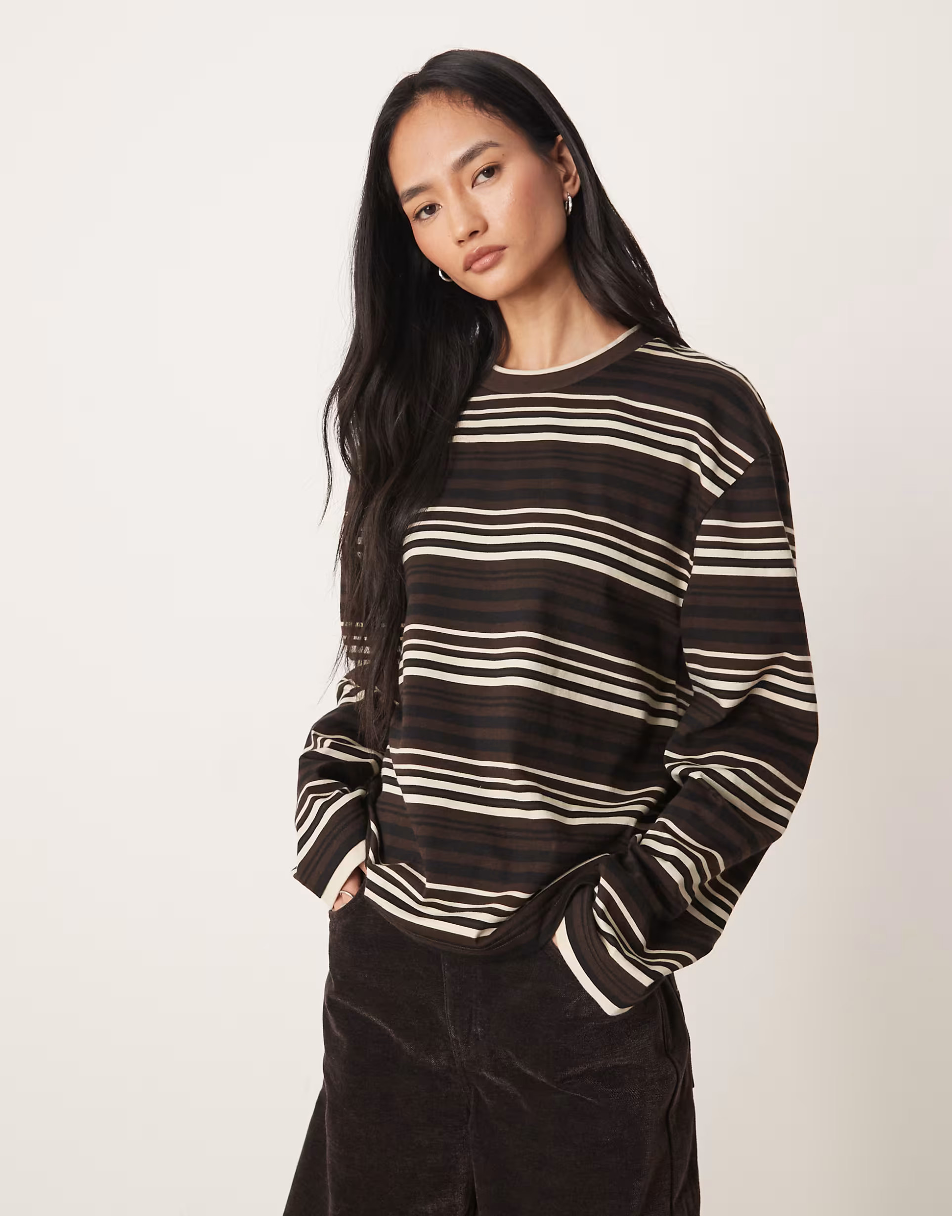 ASOS DESIGN striped long sleeve top with double layer inserts in brown | ASOS (Global)