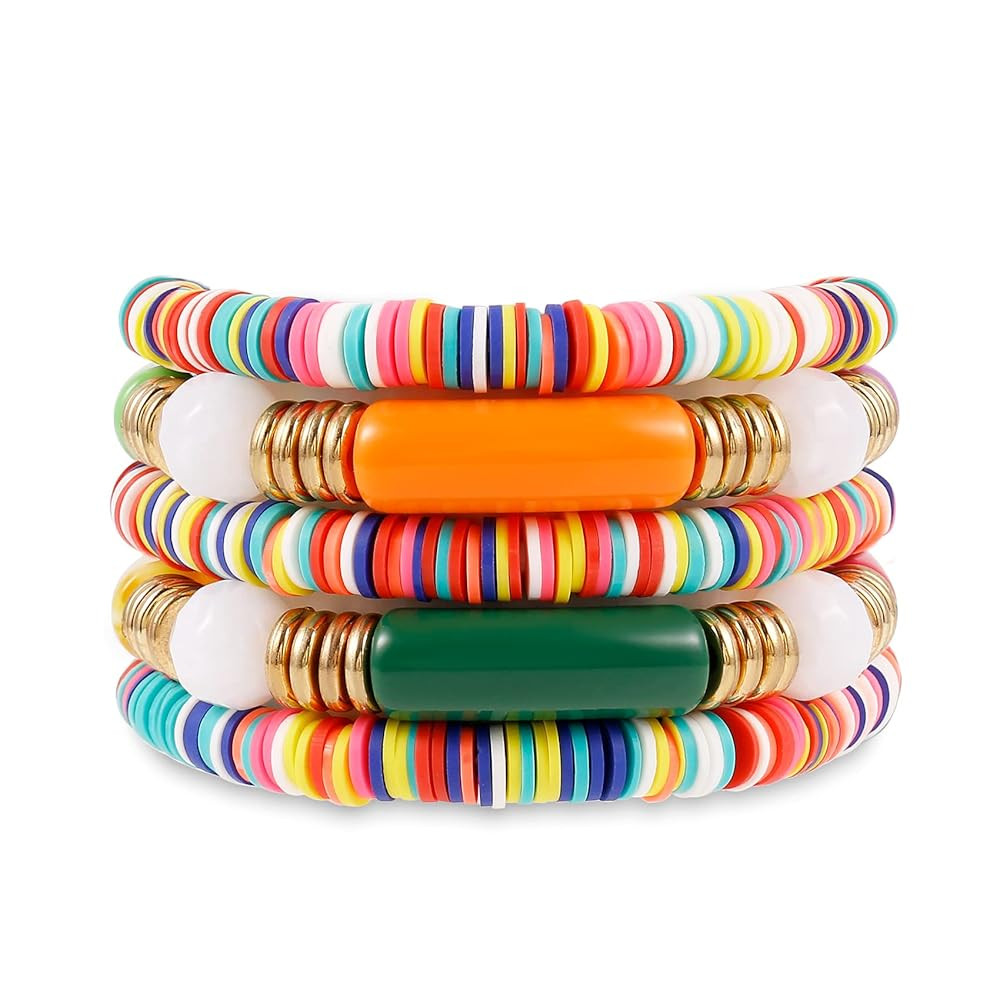 Bamboo Tube Bangles Bracelet Curved Stacking Clear Acrylic Colorful Beads Stretchable Friendship ... | Amazon (US)