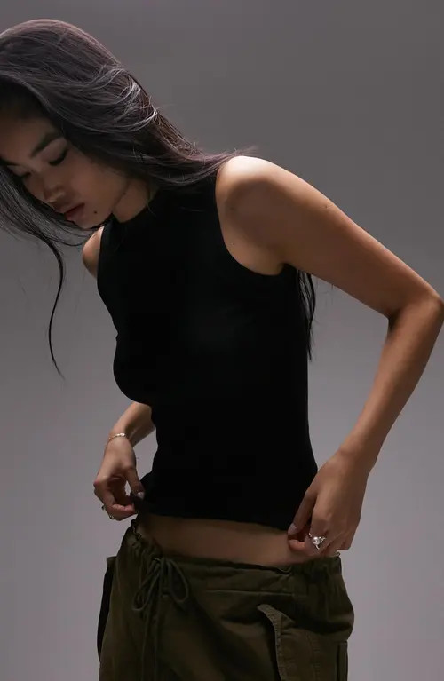 Topshop Clean Stretch Cotton Tank Top in Black at Nordstrom, Size Small | Nordstrom