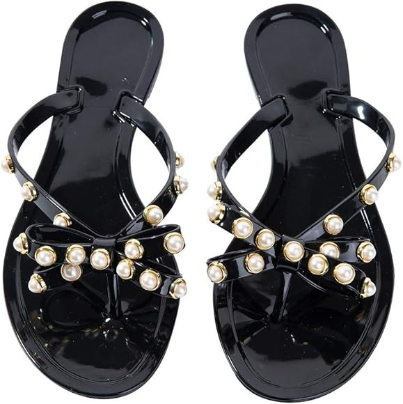 Women Flip-Flops Pearls Bow Sandals Beach Flat Rivets Rain Jelly Gold Pearls | Amazon (US)