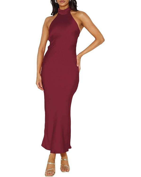 Phicia Sexy Satin Halter Neck Backless Maxi Dress for Women Elegant Tie Cowl Back Formal Wedding ... | Amazon (US)