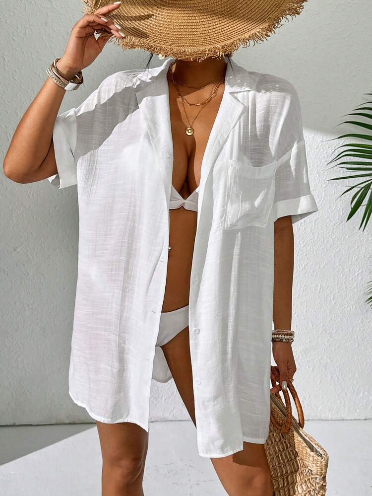 SHEIN Swim Women Simple Solid Color Short Sleeve Kimono Cover Up,Summer Beach Beach For Women Bea... | SHEIN