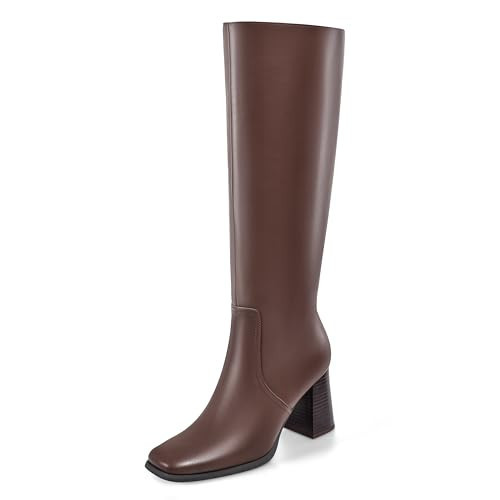 MIRAAZZURRA Brown Square Toe Boots Knee High for Women Chunky Heel for Party Dress Tall Boots Size 8.5 | Amazon (US)