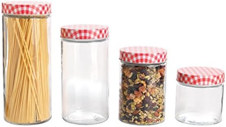Anchor Hocking 4 Piece Glass Cylinder Jar Set with Gingham Lids, Clear/Red | Amazon (US)