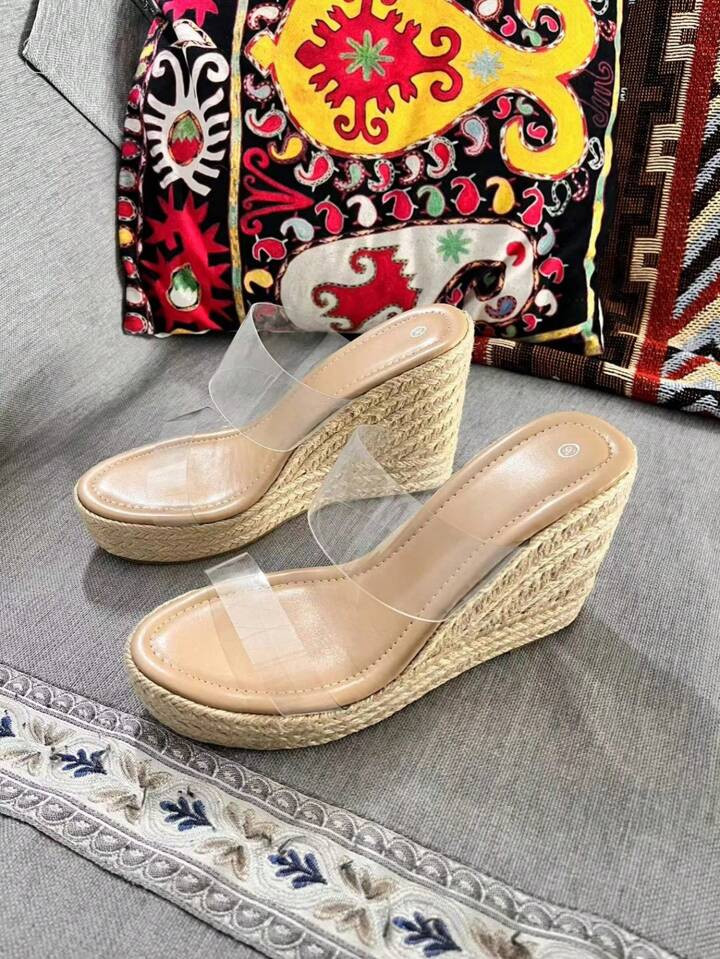 High-Heeled Wedge Sandals With Thick Sole, Waterproof Platform, Woven Natural , Casual, Transpare... | SHEIN