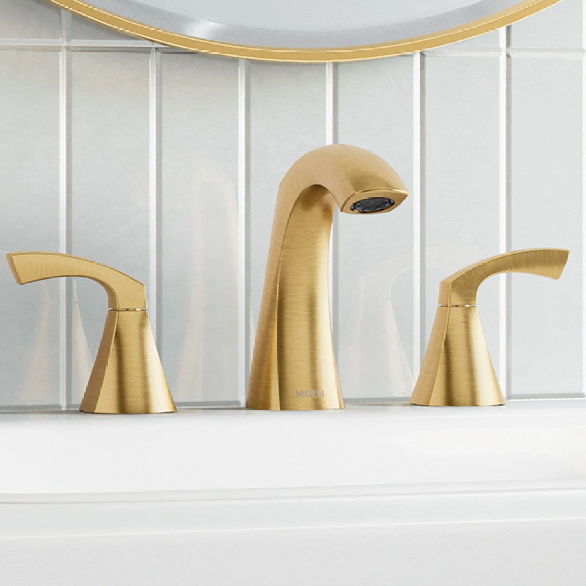 Moen Lindor Brushed Gold Widespread 2-handle WaterSense High-arc Commercial/Residential Handle Bathroom Sink Faucet with Drain one_size | 84504BG | Lowe's