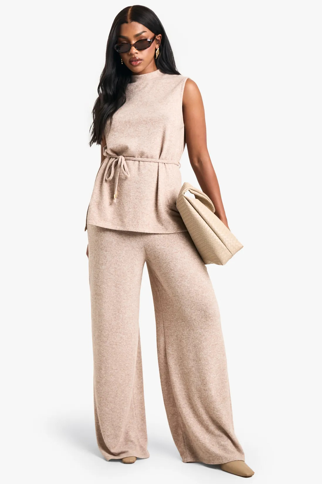 Trouser Co-ords | Brushed Tunic Tie Belt Top And Wide Leg Trouser | boohoo | Debenhams UK