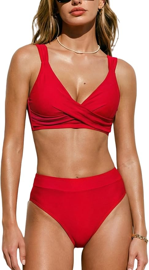 CUPSHE Women's Bikini Sets Two Piece Swimsuit High Waisted Bathing Suit V Neck Twist Front Adjust... | Amazon (US)