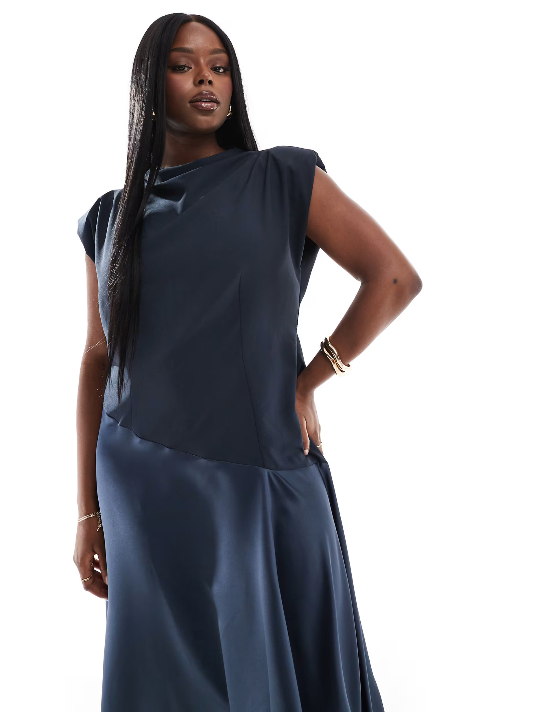 ASOS DESIGN Curve high neck satin contrast midaxi dress in navy | ASOS | ASOS (Global)