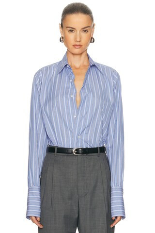 Maison Margiela Long-Sleeved Shirt in Blue Stripe - Blue. Size 40 (also in 36, 42). | FWRD 