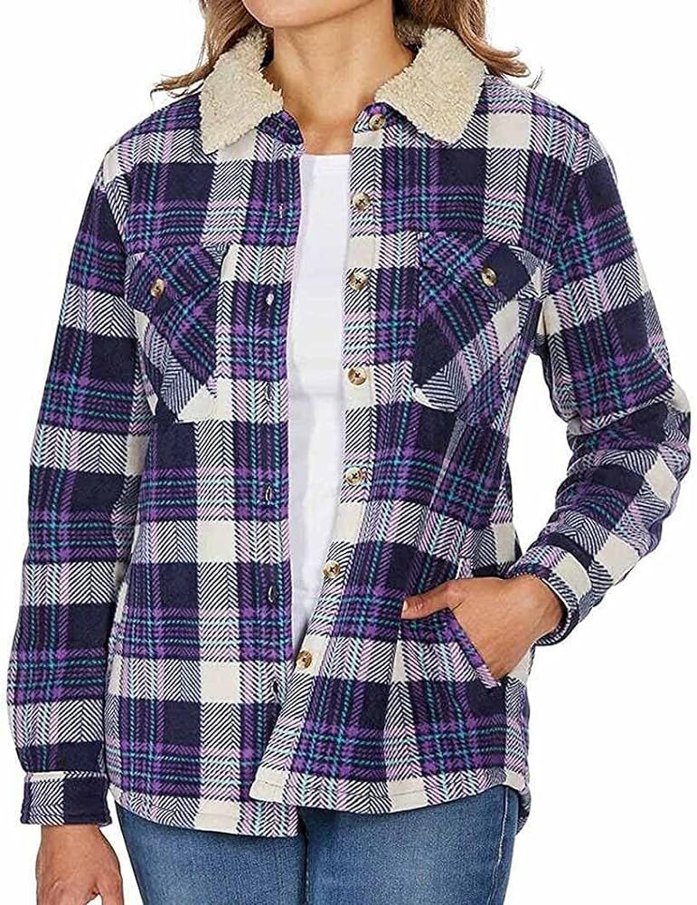 Women's Long Sleeve Plaid Fleece Jackets| Super Plush Sherpa Lined Shirt Jacket Tops with Pockets | Amazon (US)