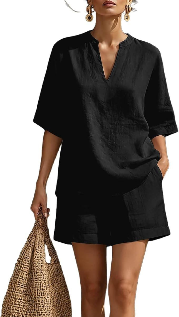 REASERAL Womens Linen 2 Piece Outfits Loose Fit V Neck Short Sleeve Top and Shorts Sets Summer Ou... | Amazon (US)