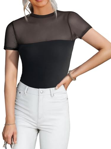 MixShe Country Concert Outfits for Women - Trendy Black Short Sleeve Sheer Mesh Bodysuit X-Large | Amazon (US)