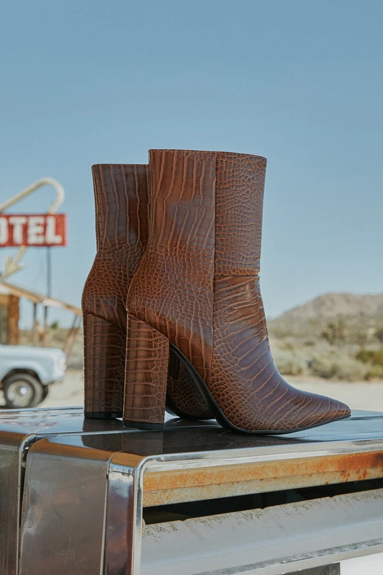 Dawson Tan Crocodile Pointed-Toe Mid Calf Boots | Lulus