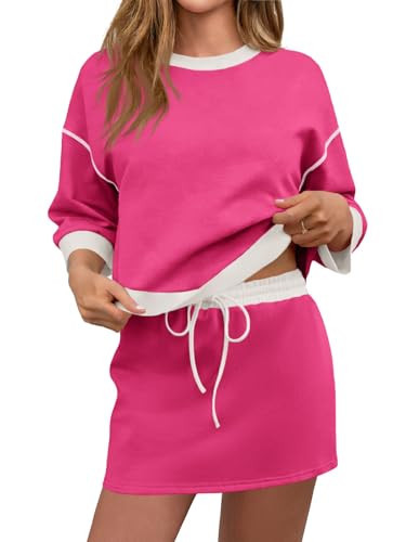 Tankaneo Womens Skirt Set 2 Piece Outfits Casual Sweatshirt Skort Set 3/4 Sleeve Color Block Matching Lounge Sets Rose Red | Amazon (US)