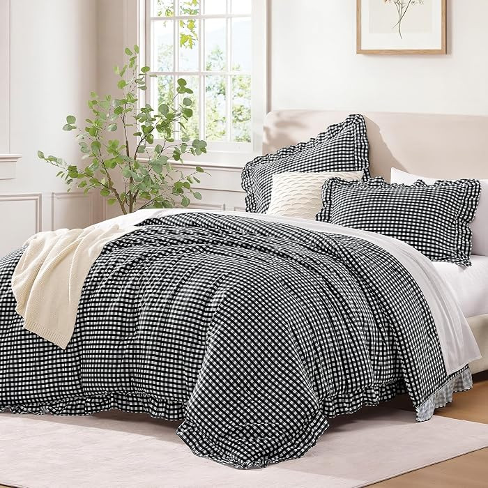 Black White Gingham Ruffle Comforter King, 3 Pieces Vintage Bedding | Amazon (US)
