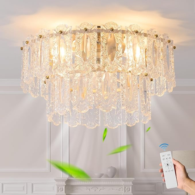 Crystal Caged Ceiling Fan with Light Flush Mount, 20inch Crystals Ceiling Fan with Light and Remo... | Amazon (US)