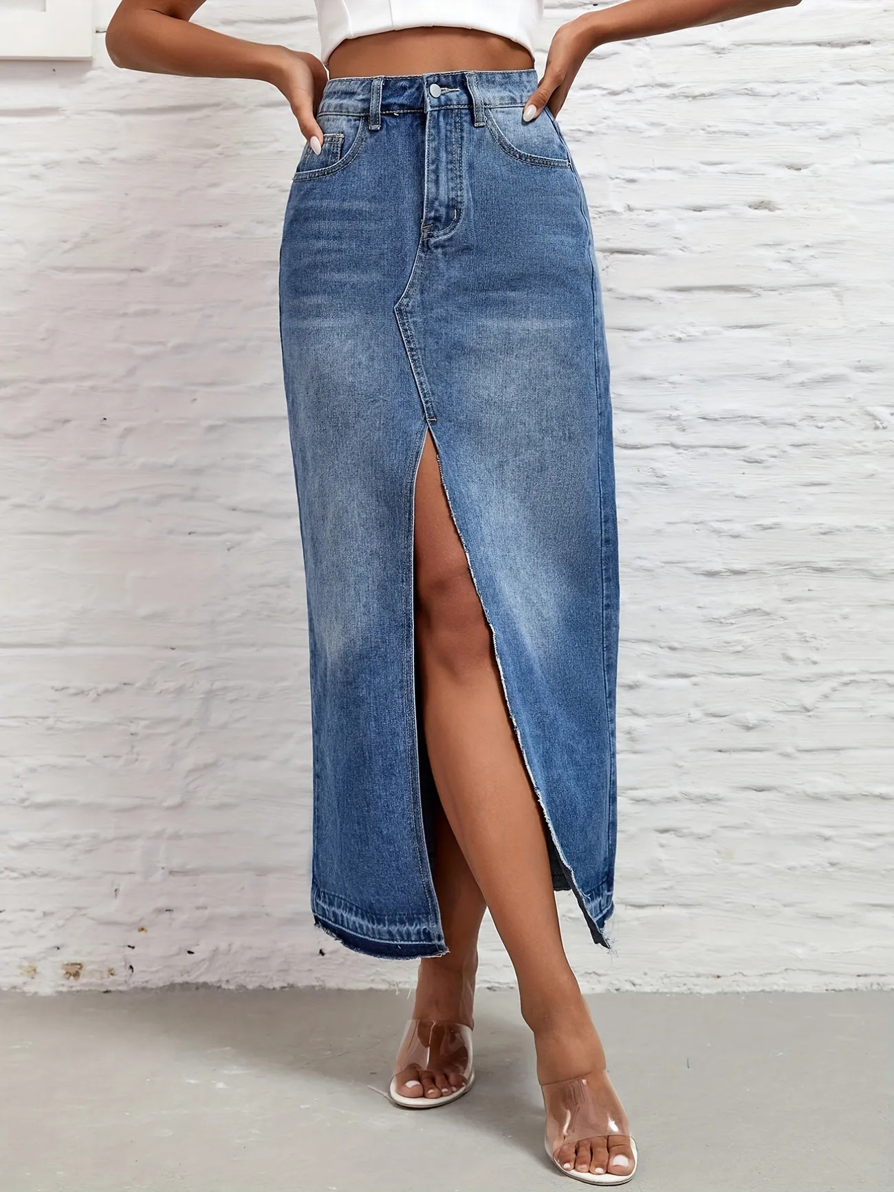 Split Front Raw Hem Long Denim Skirt, Asymmetric Whiskering Slash Pocket Zipper Button Closure Wa... | Temu Affiliate Program